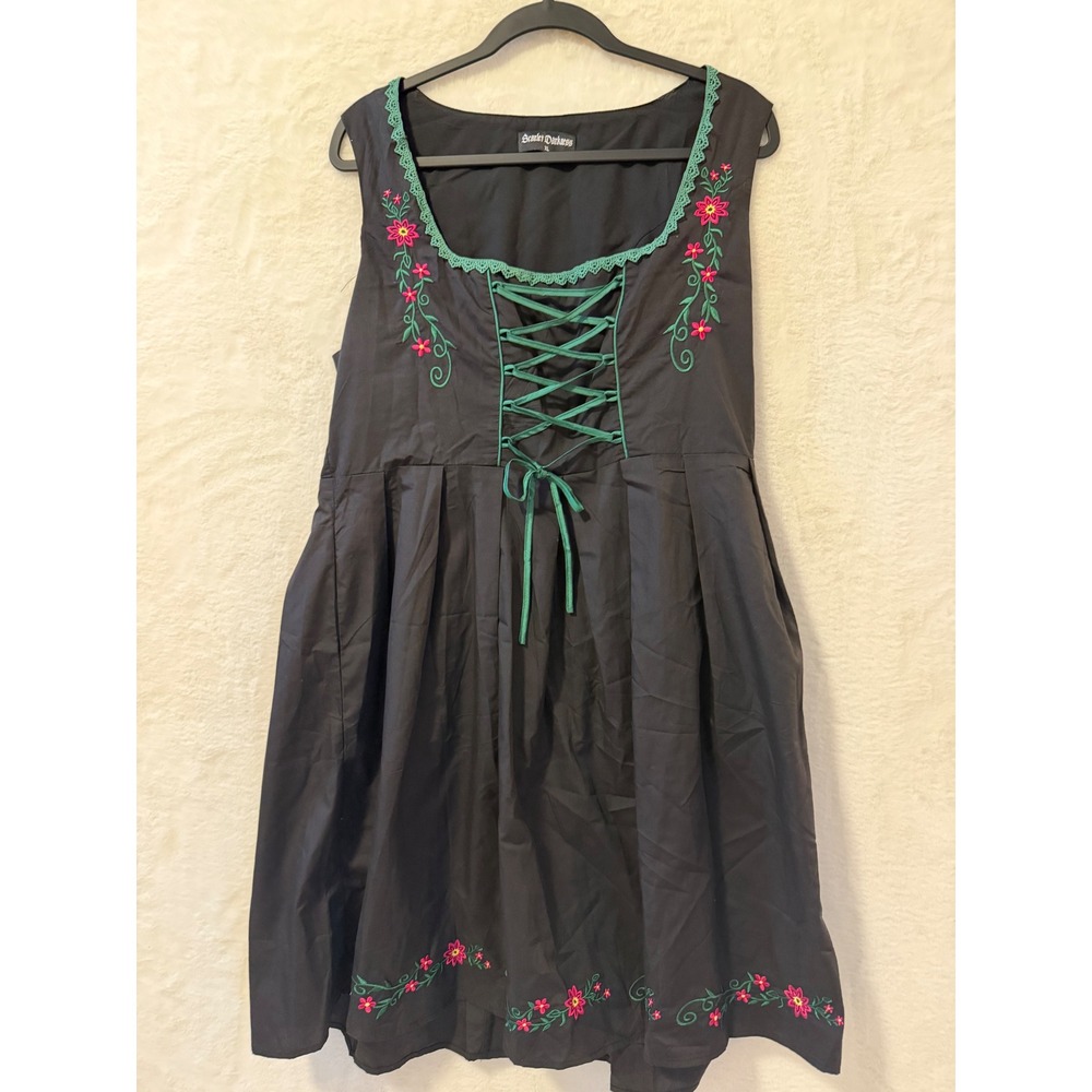 Scarlet Darkness Dirndl Dress Womens XL Black Floral Embroidered Corset Gothic